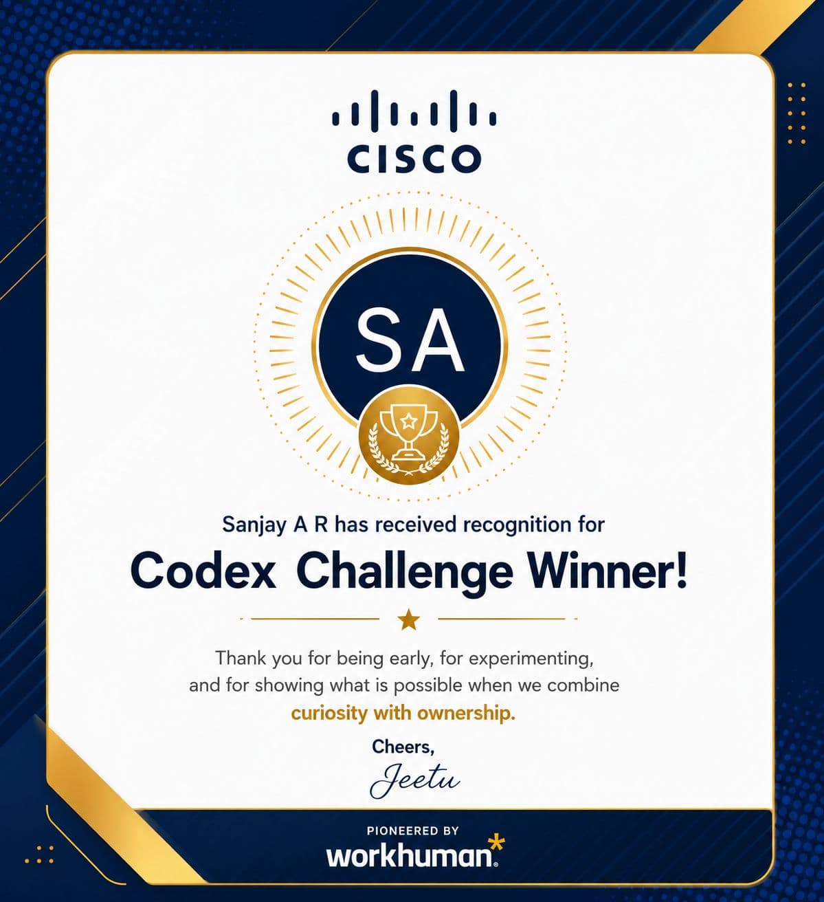 Cisco and Workhuman award recognizing Sanjay A R as a Codex Challenge winner.