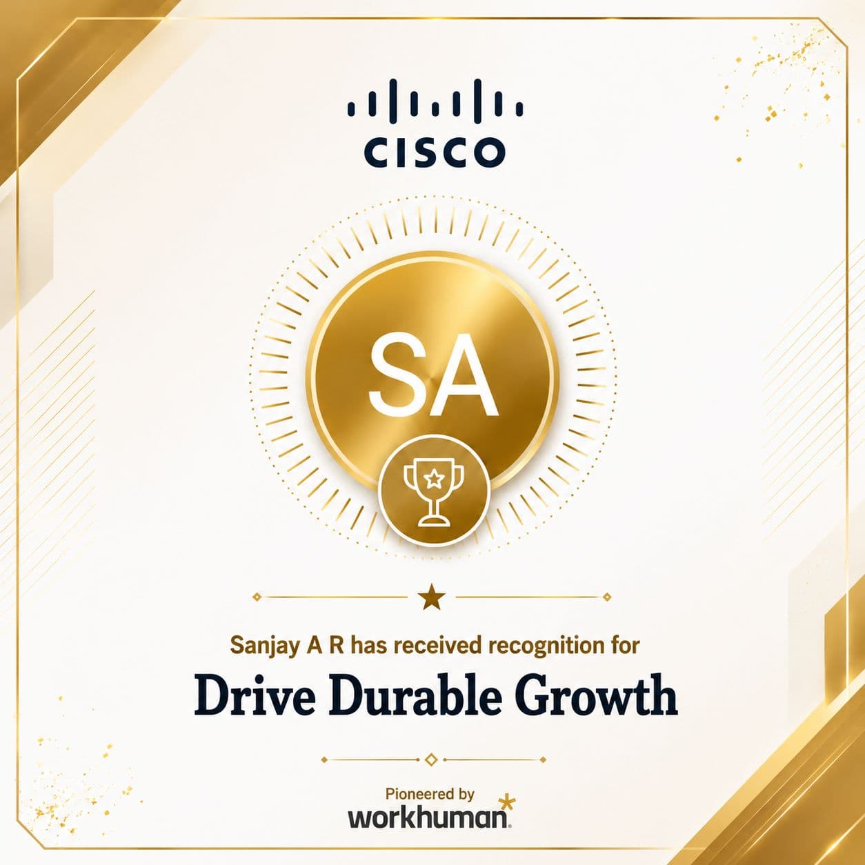 Cisco recognition for Sanjay A R for Drive Durable Growth.