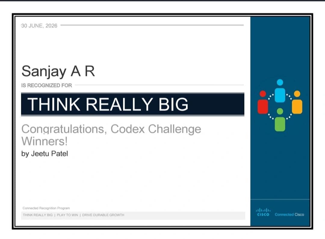 Cisco recognition naming Sanjay A R a Think Really Big Codex Challenge winner.