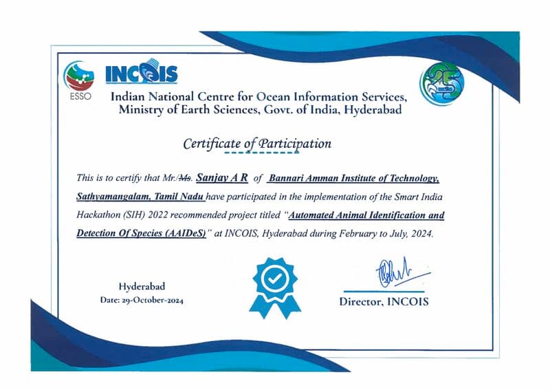 INCOIS participation certificate for Sanjay A R's work implementing AAIDeS in 2024.