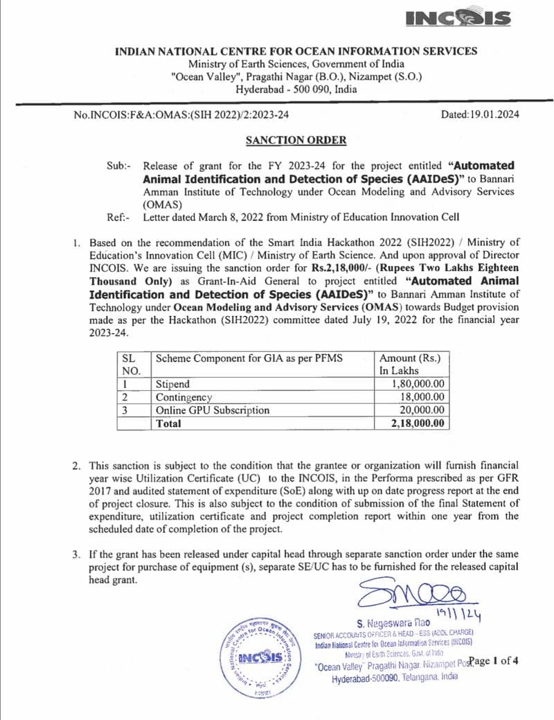 INCOIS sanction order awarding ₹2.18 lakh in grant-in-aid to the AAIDeS project.