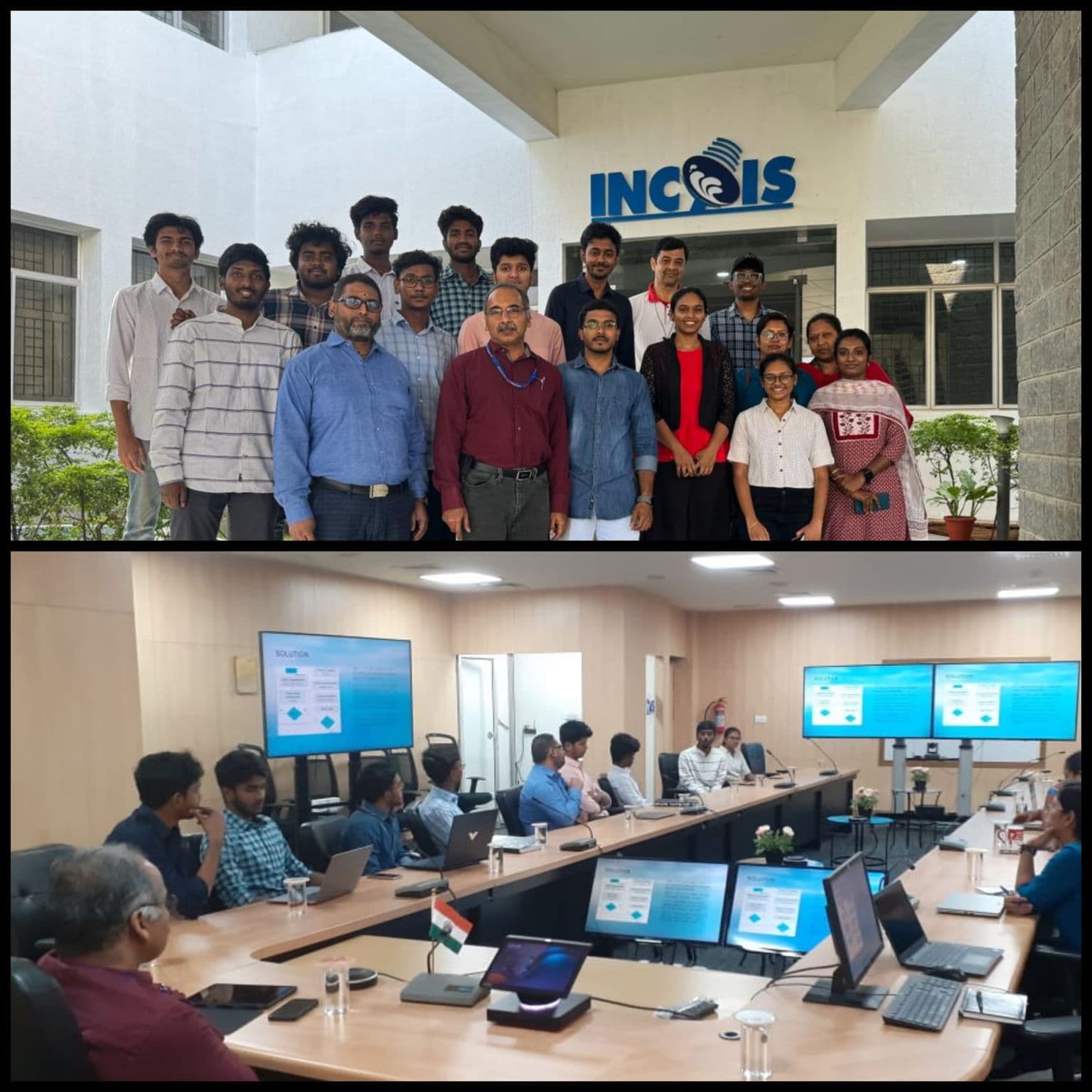 AAIDeS project team at INCOIS above a meeting-room project presentation.