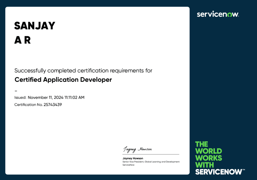 ServiceNow Certified Application Developer certificate for Sanjay A R, issued November 11, 2024.
