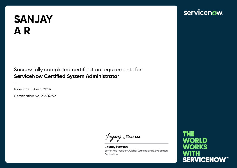 ServiceNow Certified System Administrator certificate for Sanjay A R, issued October 1, 2024.